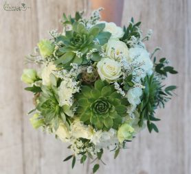 flower delivery Budapest - Bridal bouquet (rose, lisianthus, sempervivum, limonium, white, green)