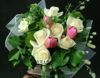 Virágküldés Budapest - rózsaszín tulipán és krémszínű rózsa (10 szál)