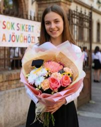 flower delivery Budapest - Graduation bouquet with English roses and special chrysanthemums - original product photo with AI background