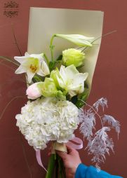 flower delivery Budapest - White bouquet with amaryllis, hanging lily, and hydrangea in the color of the year, cloud dancer