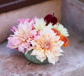 flower delivery Budapest - Beautiful dahlias in autumn metallic pot, with silky pumpkin figure