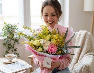 Virágküldés Budapest - Mimózás csokor tulipánnal, boglárkával nőnapra (15 szál) - original product photo with AI background