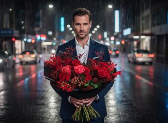 Virágküldés Budapest - Lángoló őszi vörös rózsa félhold alakú csokorban - original product photo with AI background