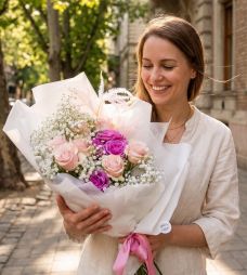 flower delivery Budapest - Baby's breath bouquet with roses (11 roses + 7 gypsophil) - original product photo with AI background
