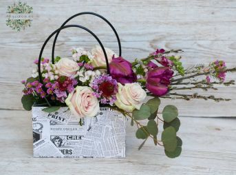 Virágküldés Budapest - Tavaszi pasztell táska csokor barkával (15 szál)
