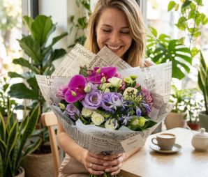 Virágküldés Budapest - Üde levendula lila csokor orchideával, angol rózsával (18 szál) - original product photo with AI background