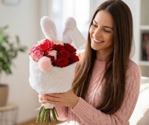 Virágküldés Budapest - Nyuszi csokor (12 szál rózsával) - original product photo with AI background