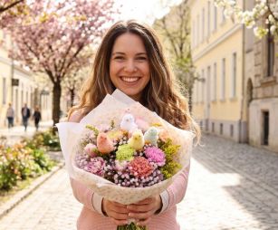 Virágküldés Budapest - Pasztell húsvéti csibés csokor - original product photo with AI background