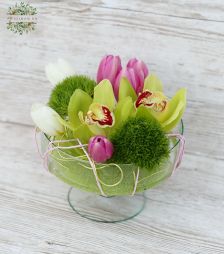 flower delivery Budapest - Modern glass bowl with orchid and tulips