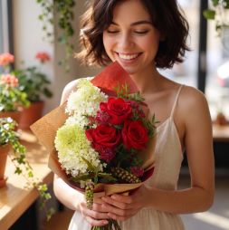 Virágküldés Budapest - Vörös rózsák bugás hortenziával, apró virágokkal - original product photo with AI background