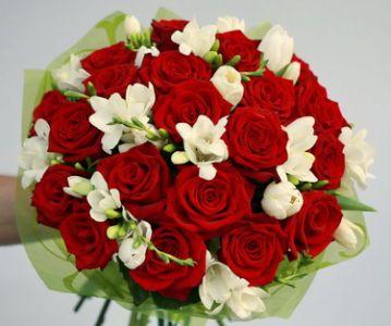 rote Rosen mit Freesien (40 Stämme)
