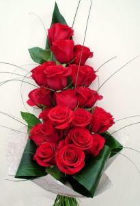 20 red roses in a towered bouquet