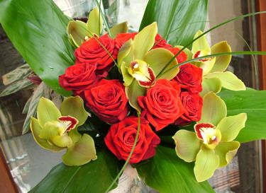 Premium rote Rosen mit grünen Orchideen (15 Stämme)