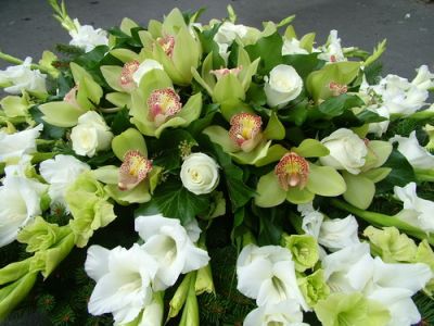 wreath with 40 gladioluses, 10 orchids, 15 roses 