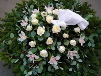 dome wreath with orchids, roses and eucalypt (1m)