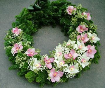 greek wreath with orchids and gypsophilla (80cm)