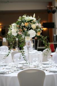 Wedding tall centerpiece Gerbeaud Budapest (hydrangea, rose,  liziantus, lily, white, pink, peach)