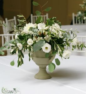 Wedding Centerpiece rustic stone pot, Vajdahunyad Castle Budapest (lisianthus, dahlia, alstromelia,  white)