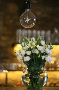 Wedding centerpiece in glass ball, Malom Bistro Budapest  (liziantus, white)
