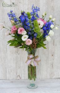 Centerpiece (liziantus, delphinium, blue, white, pink), wedding