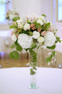 Wedding Centerpiece tall vase, Festetics Palace Budapest (hydrangea, roses, shrub roses, carnations, alstromelia, dahlia, white, pink)