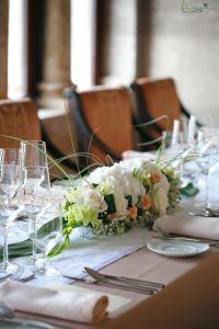 Wedding Long Table Decoration, Fisherman's Bastion Restaurant Budapest (hydrangea, rose, spray rose, gladiolus, gypsophila, white, green, peach)