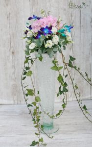 Centerpiece (hydrangea, lizantus, dendrobium, white, blue, pink), wedding