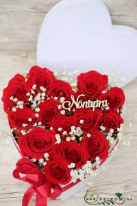 Red roses with tiny flowers heart box for Women's Day