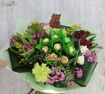 Graduation bag bouquet with chocolates, owl