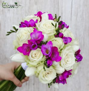 Bridal bouquet with white roses and freesias, purple freesias