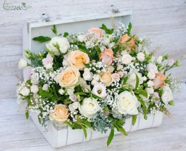 Big wooden suitcase full of pastel flowers (38 stems)