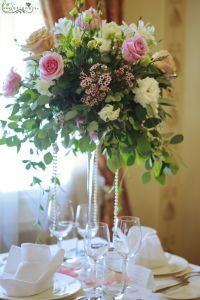 High wedding centerpiece, St George Hotel Budapest (Rose, lisianthus, alstromeria, wax, purple, pink, cream)