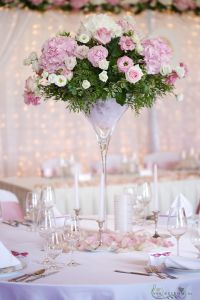 Wedding Centerpiece, high, Gellert Hotel Budapest (hydrangea, rose, peony, liziantusz, English roses, pink, white)