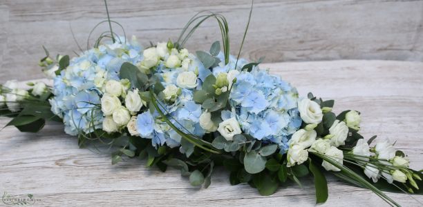 Main table centerpiece (blue hydrangea, white rose, lisianthus), wedding