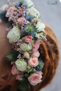 hair flowers from spray roses, roses, statice, Eryngium (white, pink, blue)