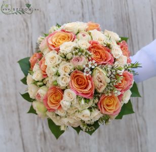 Bridal bouquet (rose, english rose, spray rose, wax flower, peach, cream)