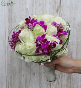 Bridal bouquet (rose, mini phalanopsis orchid, beargrass, pearls, white, purple)