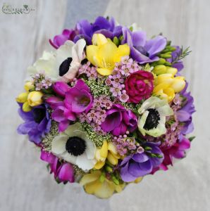 Bridal bouquet (fresia, anemone, waxflower, yellow,  purple)