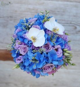 Bridal bouquet (hydrangea, phalaenopsis orchid, lisianthus, rose, blue, purple)