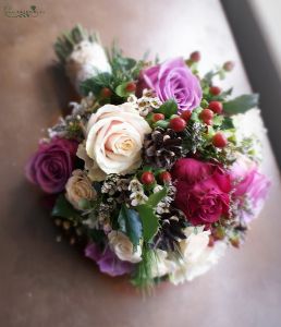 Handtied winter bouquet in purple shade, with cones (17 stems)