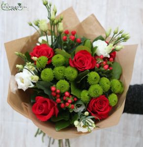 red roses, green pompoms, white lisianthus, red hypericum in round bouquet (14 stems)