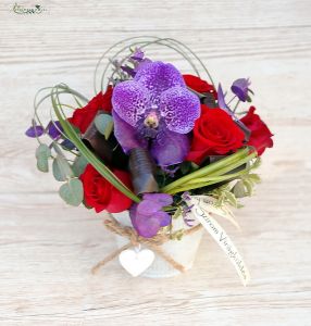 6 red roses with vanda orchid, in tin pot with heart