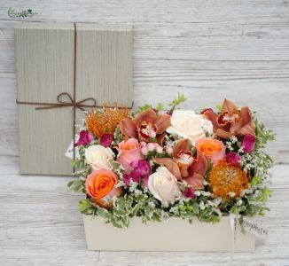 Elegant flowerbox with orchids (14 stems)