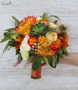 Bridal bouquet autumn style (dahlia, rose, echeveria, orange, yellow, peach)