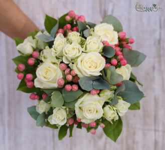 Bridal bouquet (rose, spray rose, hypericum, eucalyptus, white, pink)