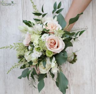 Bridal bouquet (rose, lisianthus, protea, astilbe eucalyptus, white, light pink)