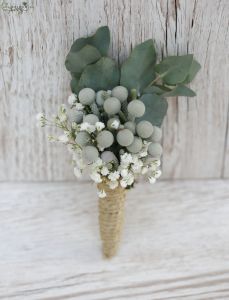 Brooch (brunia, baby breath, eucalyptus, white, silver)