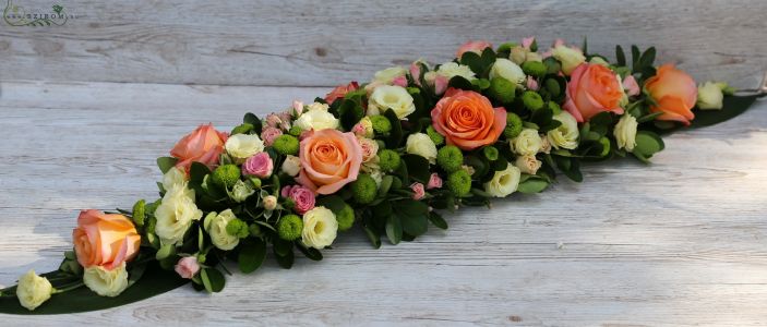 Oblong Centerpiece (rose, spray rose, chrysantemum, lisianthus, peach, pink, cream, green)