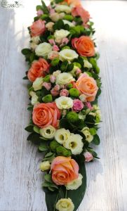 Oblong Centerpiece (rose, spray rose, chrysantemum, lisianthus, peach, pink, cream, green)