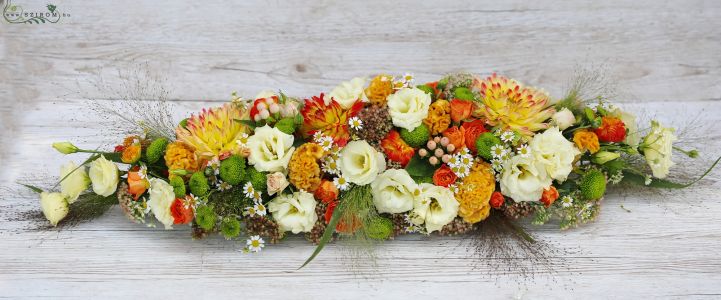 Long Centerpiece (dahlia, lisianthus, hypericum, chamomile, chrysantemum, cream, orange, green)